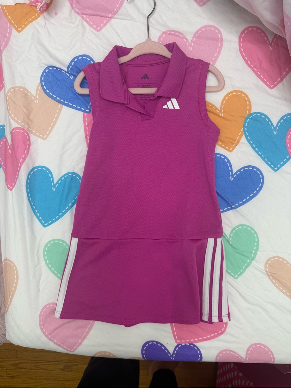 adidas Girls Fuchsia Sleeveless Polo Tennis Dress with White Stripes